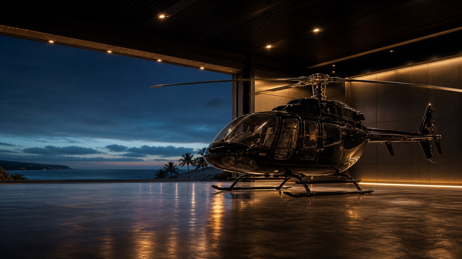 Helicóptero executivo em hangar, base Aeroservyce